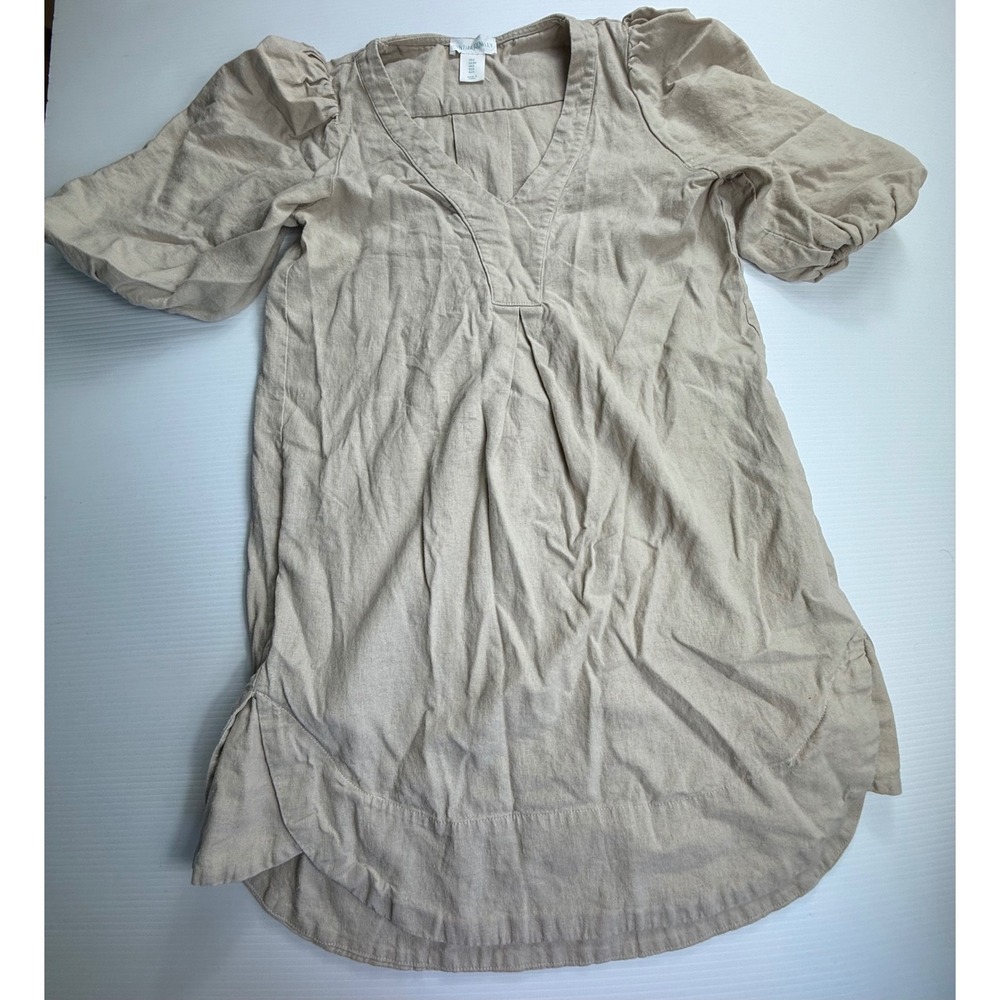 Cynthia Rowley Linen Viscose Blend Puff Sleeve V Neck Tunic Dress
